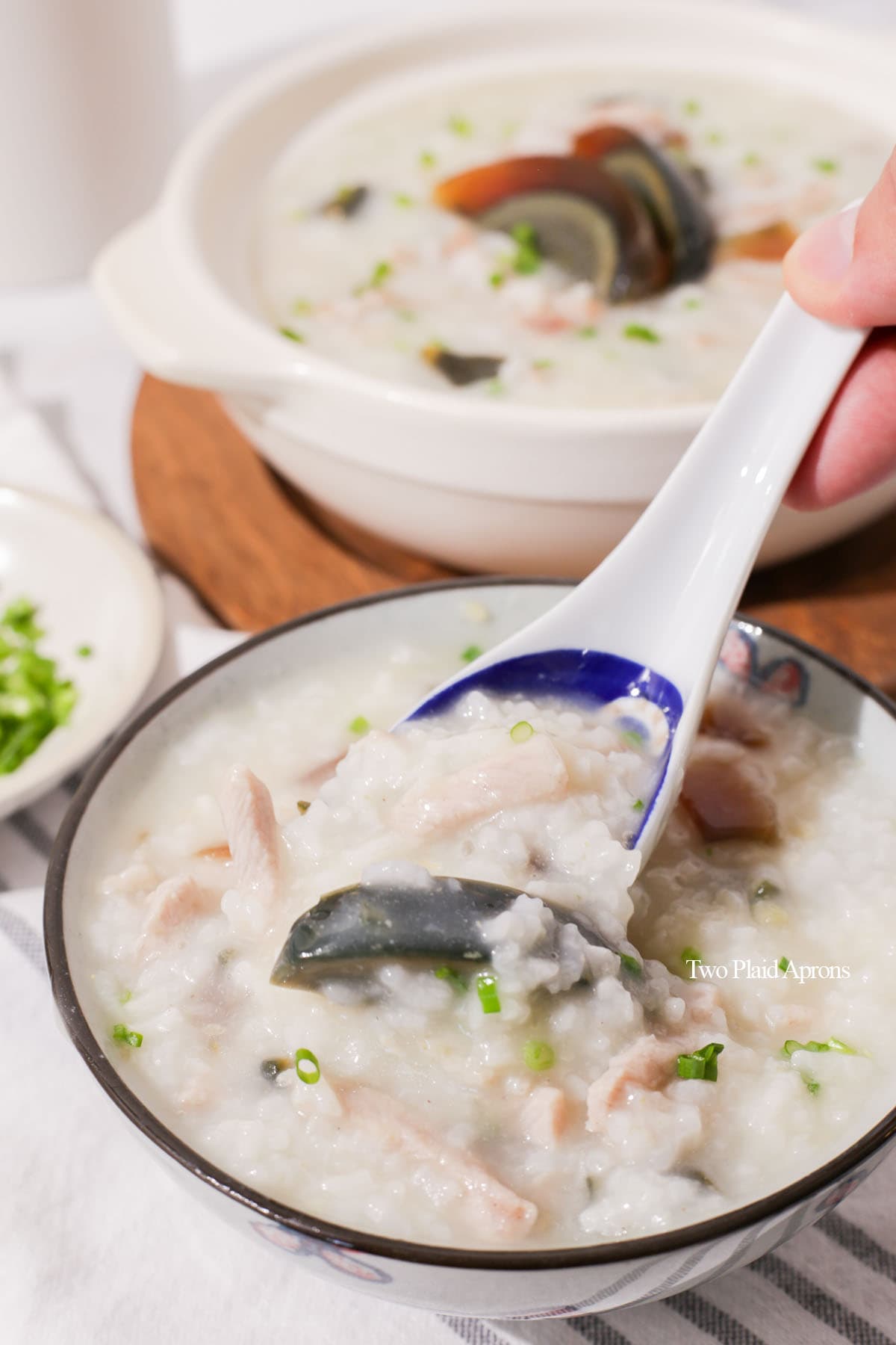 Spoon going into century egg and pork congee.