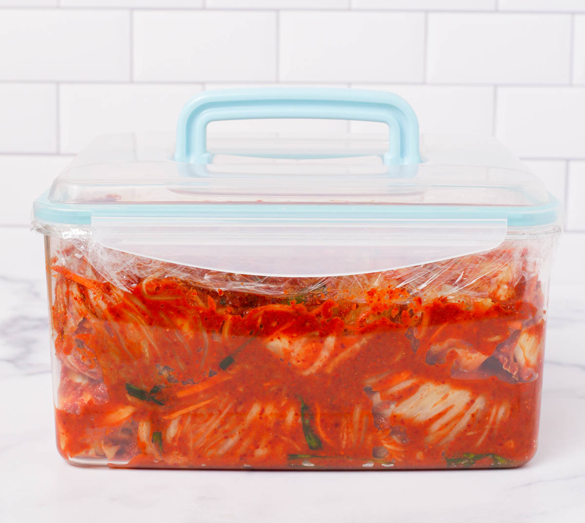 Kimchi packed in container.