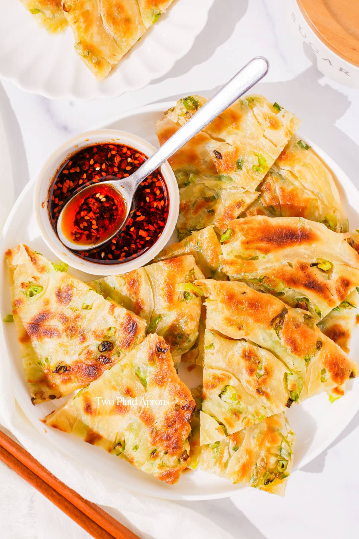 Top down scallion pancake.