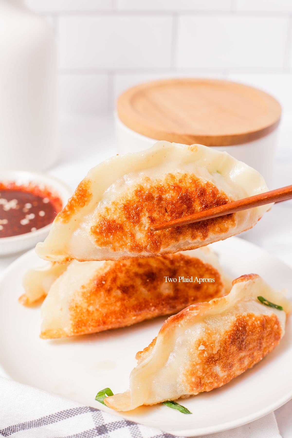 Holding pan fried mandu with chopsticks.