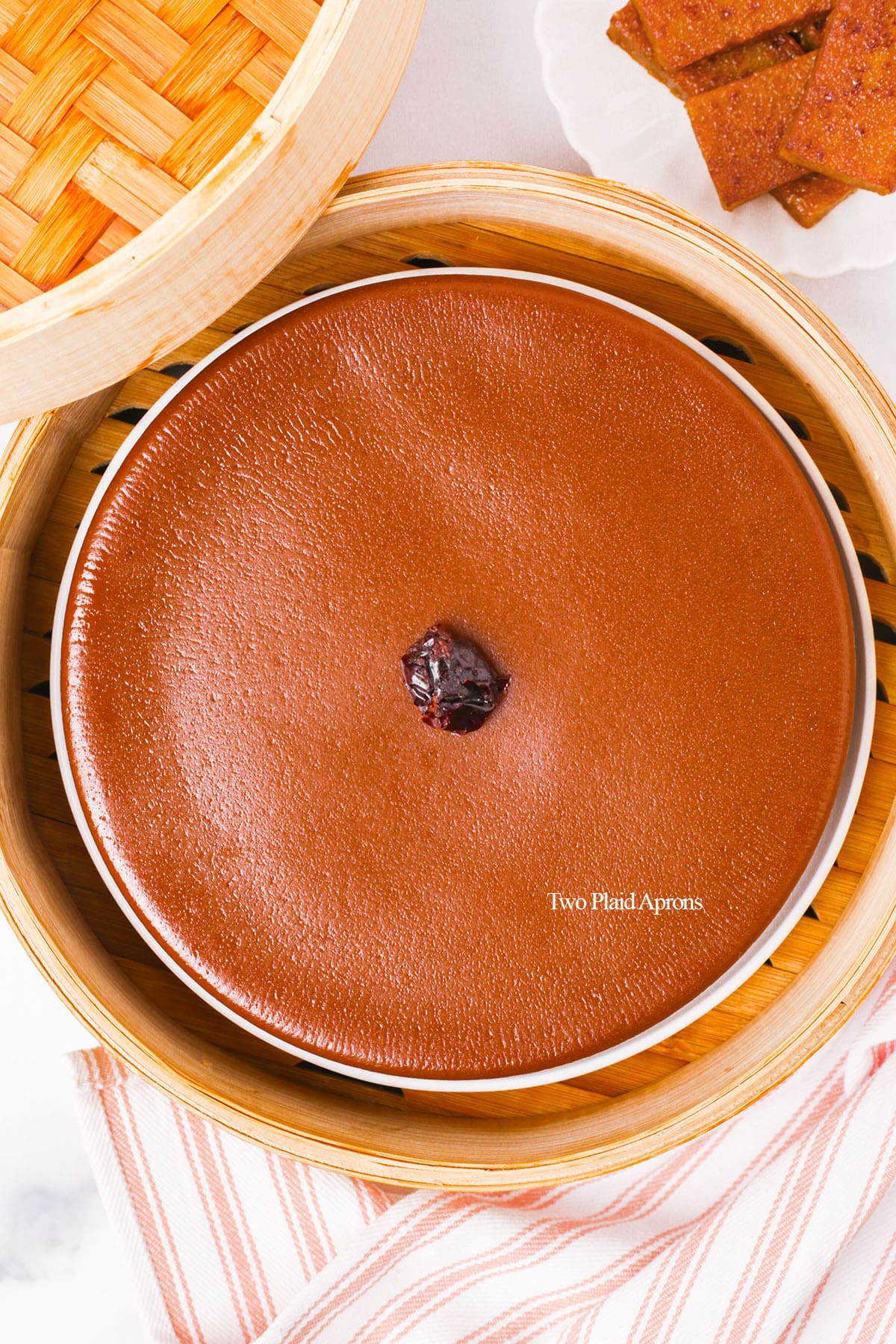 Top down of nian gao in bamboo steamer.