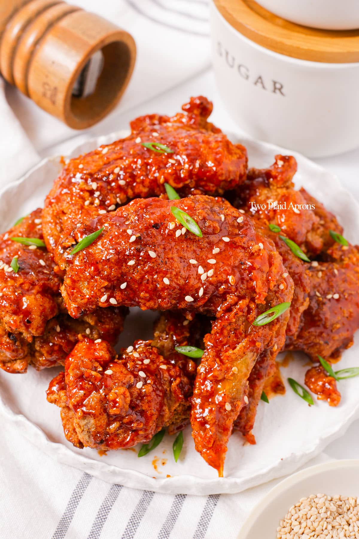 Korean fried chicken wings with sweet and spicy gochujang sauce.