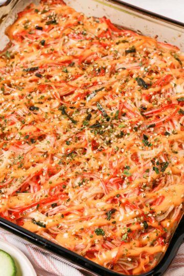 Side shot of sushi bake thumbnail.