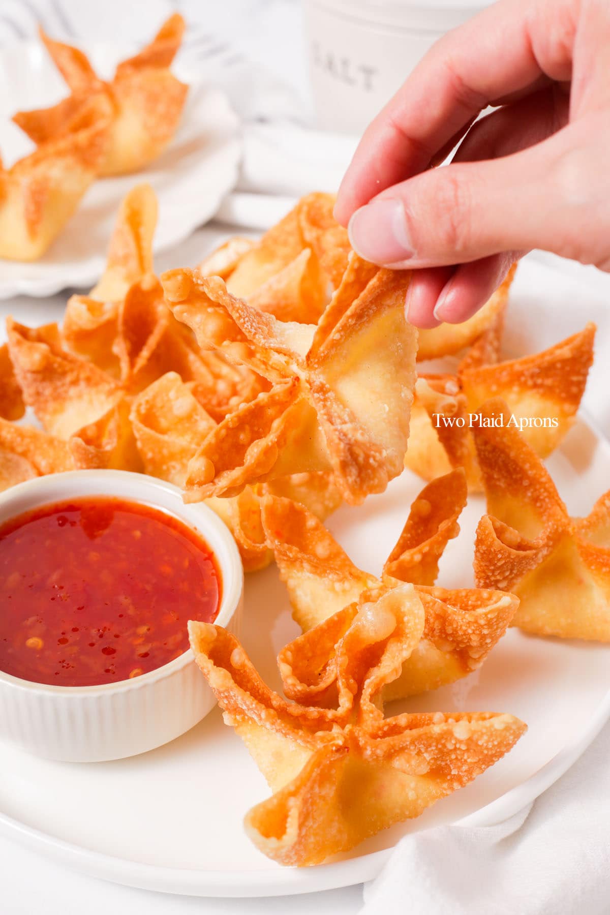 Holding a crab wonton.