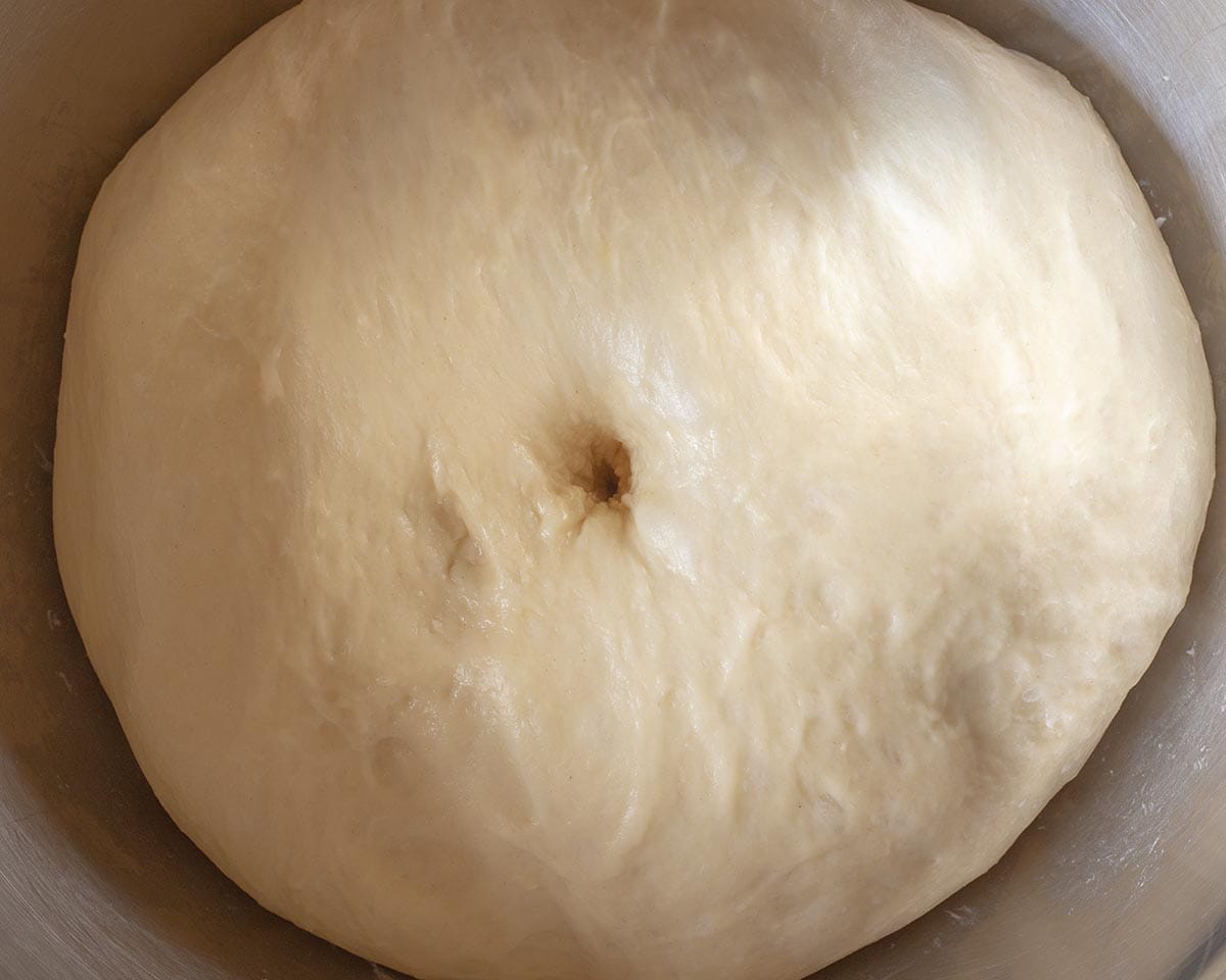 Dough proofed in a bowl.