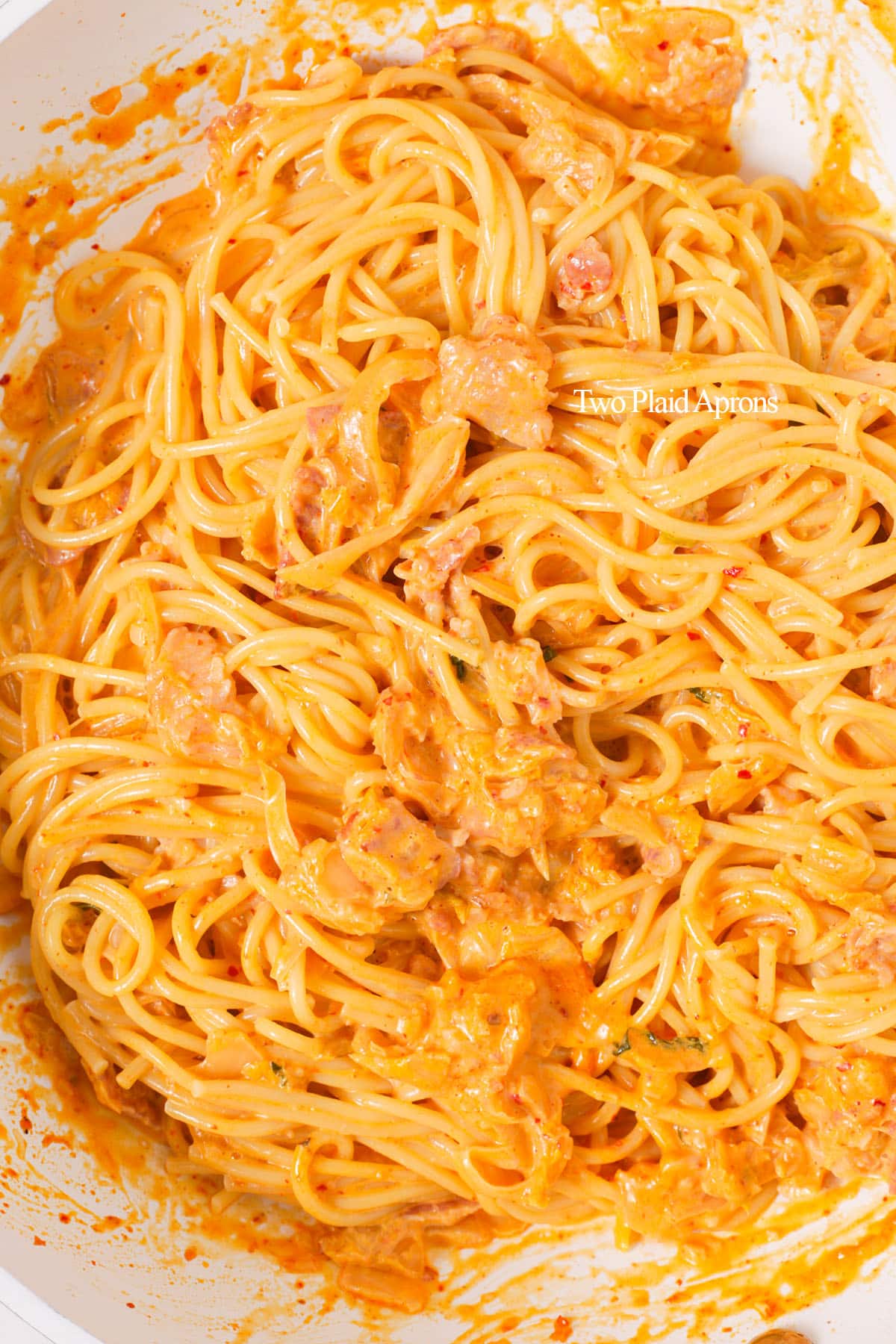 Creamy kimchi pasta finished in the pan.