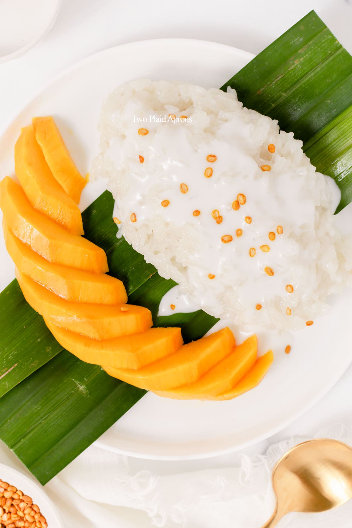 Mango sticky rice on a plate with sauce and split mung beans ono top.