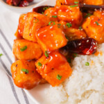 General Tso's tofu on plate with rice thumbnail shot.