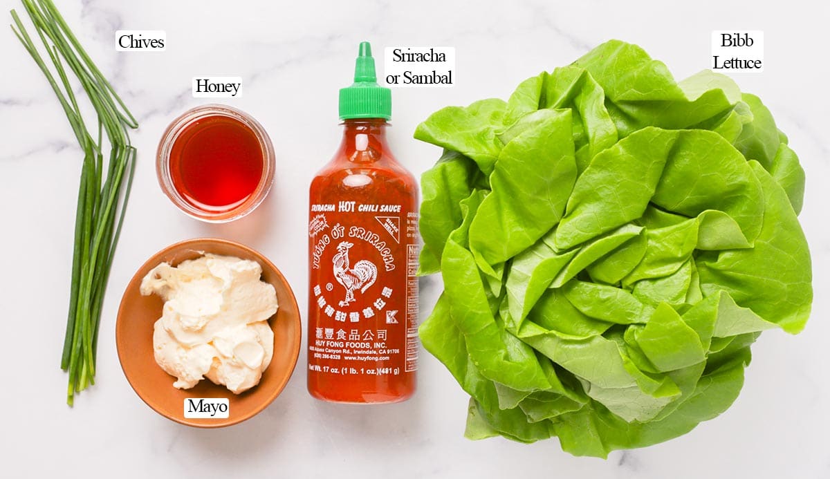 Ingredients for bang bang shrimp sauce and garnish.