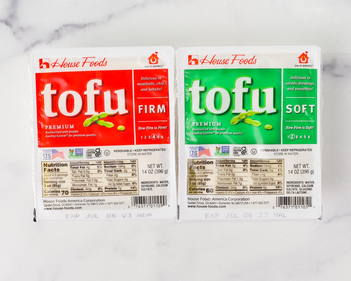 Side by side package of soft and firm tofu.