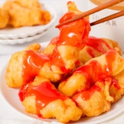Sweet and sour chicken with glazed with sweet and sour sauce.