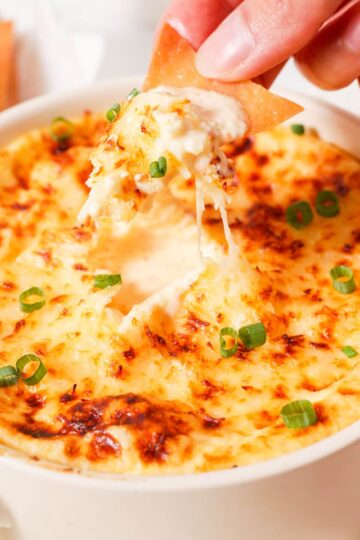 A baked wonton chip scooping up some crab rangoon dip.