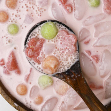 Holding a ladle full of summer sago.