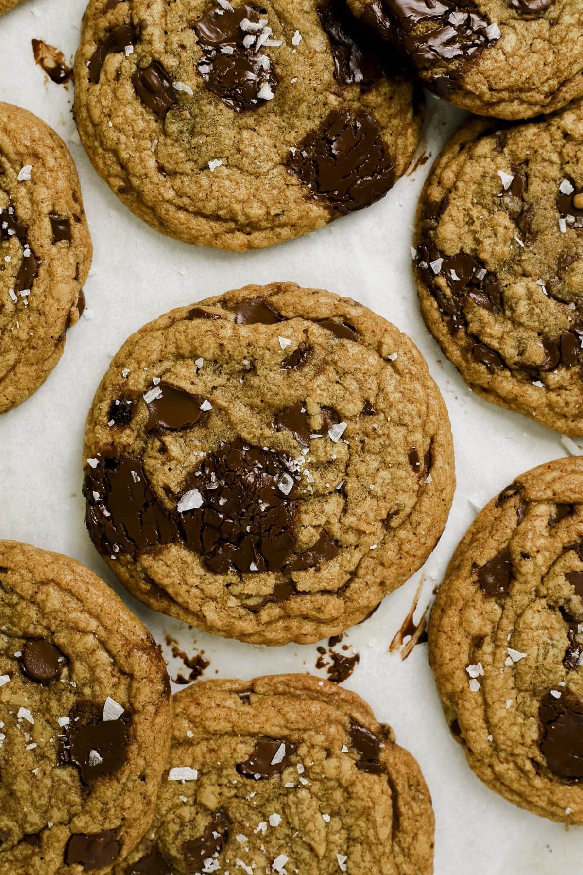 Brown butter chocolate chip cookies sprinkled with flakey salt.