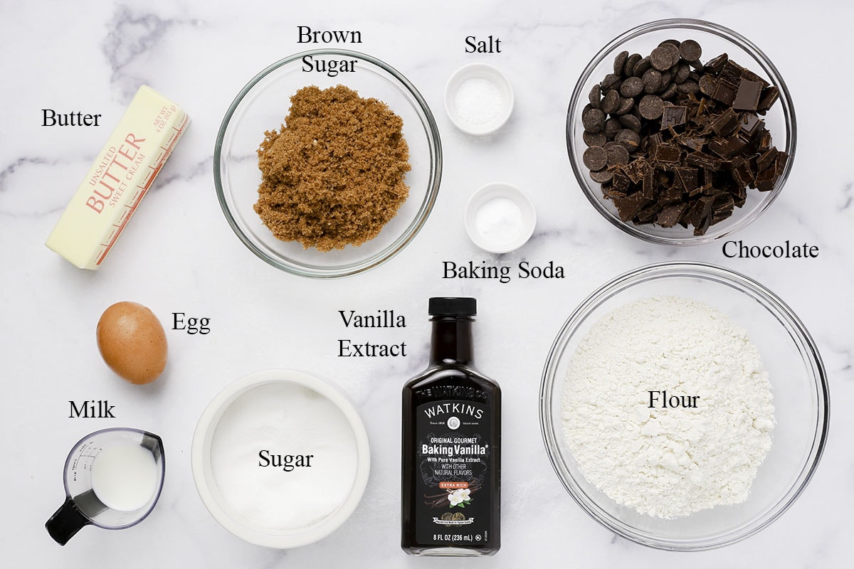 Ingredients needed to make brown butter chocolate chip cookies.